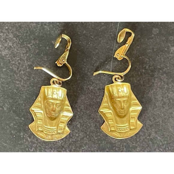 Vintage Gold Tone Blue Accent King Tut Earrings Clip On - Picture 3 of 6